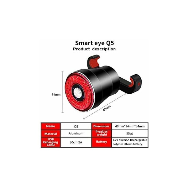 Intelligent cykelbaglygte, genopladelig USB-bremseinduktion, IPx6 vandtæt, cykellygter, automatisk start-stop, 4 tilstande,