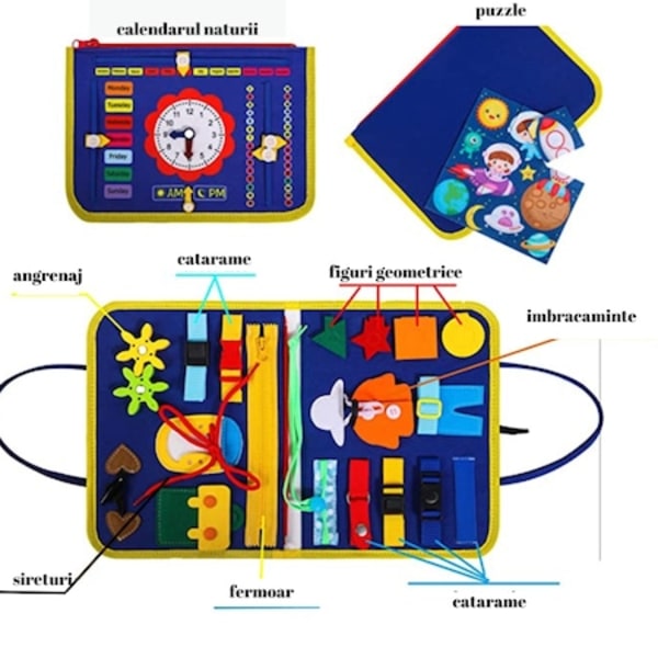 Sensorisk interaktiv leksak, Busy board textil, Montessori, Väska typ bok, För resor, blå