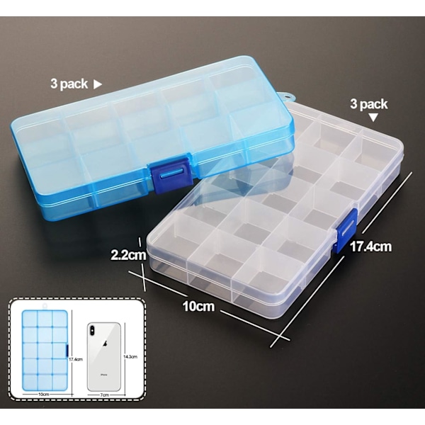 Sæt med 6 plastik opbevaringsbokse, 15 ruminddelere med justerbare rum Organizer Box opbevaringsbeholdere til halskæde, øreringe, DIY-artikler