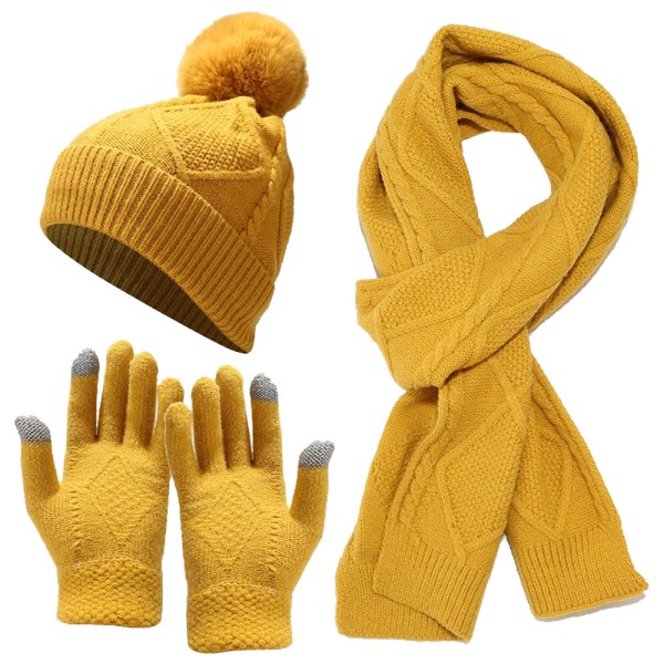 Hatt, halsduk och handskar, tredelad set, varm isolering, tjock stickad hatt