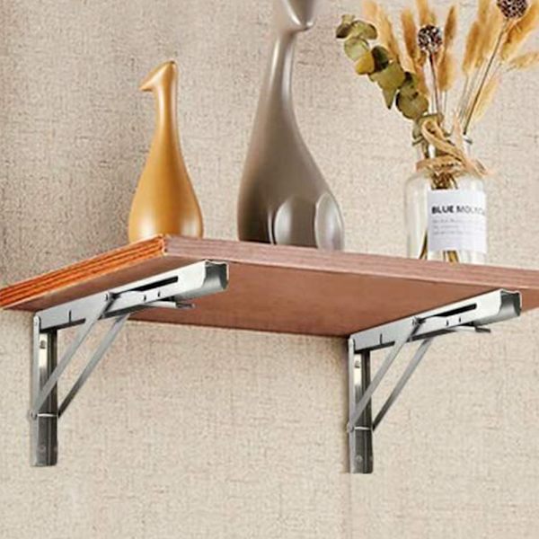 Foldbare Hyldeknægte Kraftig Rustfrit Stål DIY Vægmonteret Hyldeknægt Pladsbesparende til Bord Arbejdsbord, Pakke med 2
