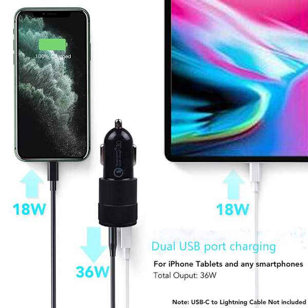 Musta USB-autolaturi, Total Dual Type C PD -autolaturi Power Delivery & Quick Charge 3.0 iPhone 11/11 Pro/11 Pro MAX/XS/XR/X/8:lle, iPadille