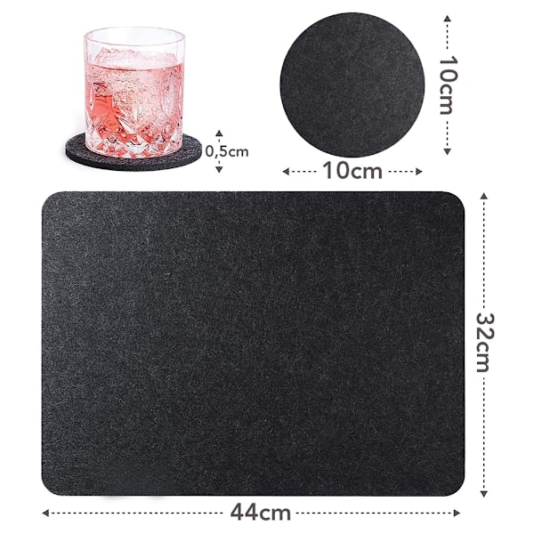Brikker til spisebord, sett med 6 rektangulære brikker og 6 runde coasters - Bordbrikker til kjøkkenbord med coasters - Sett med 12 (Grå)