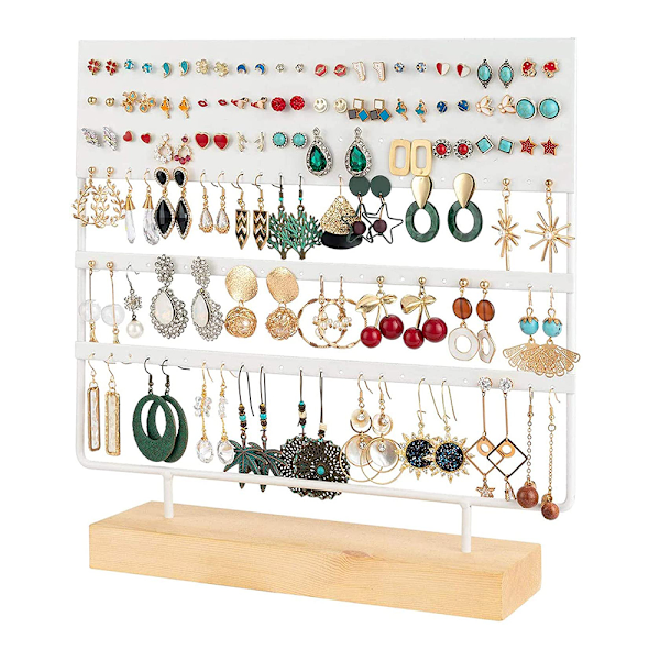 Øreringeholder Display Stativ 3-Tier Ørestik Holder Smykke Organizer Ørestik Øreringeholder 144 Huller med Træbase Stativ Display Stativ til Kvinder