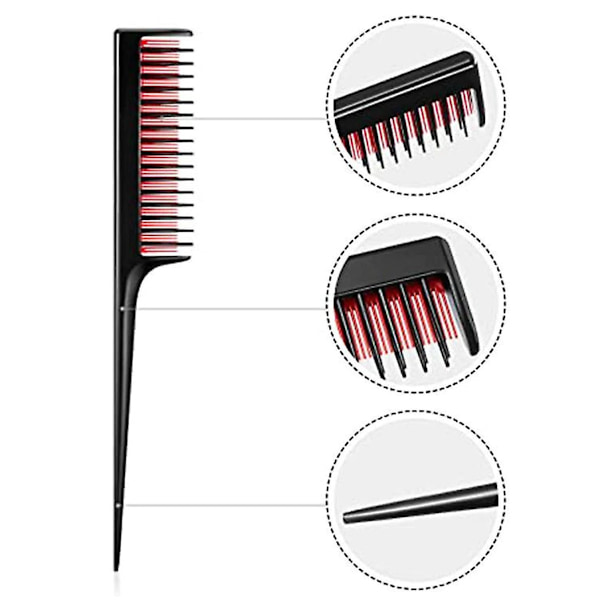 Triple Grooming Comb, Dame Rottehalekam, Rottehalekam til Bagkæmning, Rod-teasing, Tilføjelse af Volumen (3 Stykker, Sort+Rød)