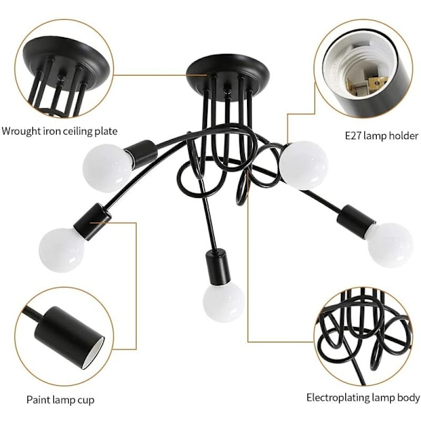 Industriel Loftslampe i Metal, Edison 5-hovedet Designer Loftslampe E27 5 Retro Lysekroner til Soveværelse Stue Køkken Spisestue