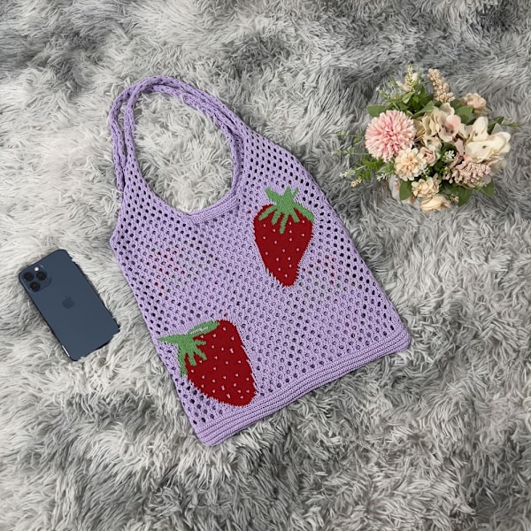 Strikket taske, mesh tote taske, hul taske, jordbær taske, uld taske, dametaske