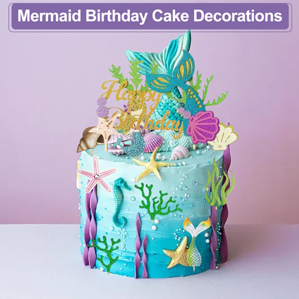 Sjöjungfru Grattis på födelsedagen Tårtdekoration Topper Set, 15PCS Glitter Topper Sjöjungfru Tårtdekorationer för Flickor Födelsedagsfest Tillbehör