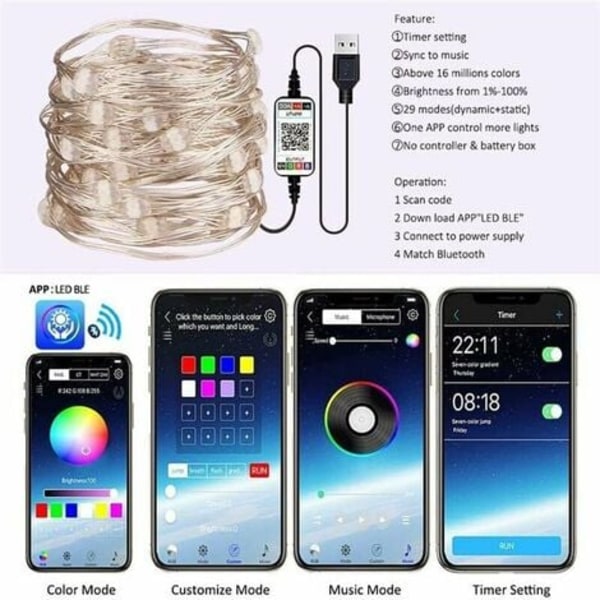 Festlige Lys Lysguirlander - Sammenkoblet Lysguirlande til Juletræ - Kan Styres Via Smartphone, Indendørs/Udendørs Lysdekoration (10M100LEDS)