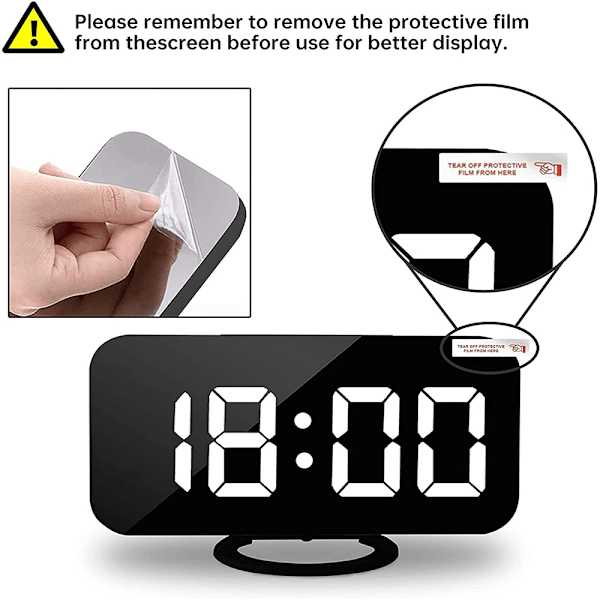 Digital Vekkerklokke, Vekkerklokker for Soverom, Stor Display Speiloverflate Vekkerklokke med USB-lader 12/24H, Auto Dimmer-modus, for Kontor Soverom