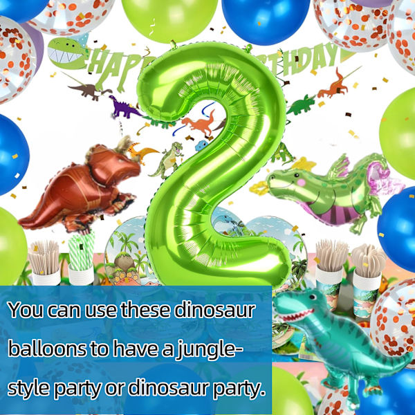 40 tum grön nummerballong, grön nummer 2 och 3 st dinosaurieballonger för födelsedag, stor folieballongnummer, dekoration för födelsedagsfest och djur