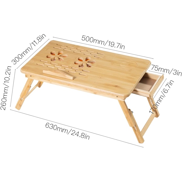 [Med USB-vifte] Sammenleggbart laptopbord i tre, justerbart datamaskinbord, justerbart sengebord med skuff, lesebrett for barn for bokmagasiner