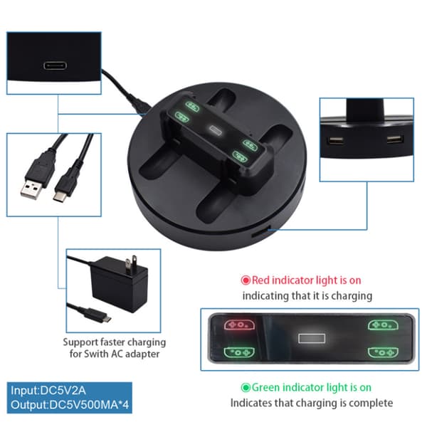 Multifunktionel oplader 4 Opladningsstation Dock til Nintendo Switch Controllere - Sort