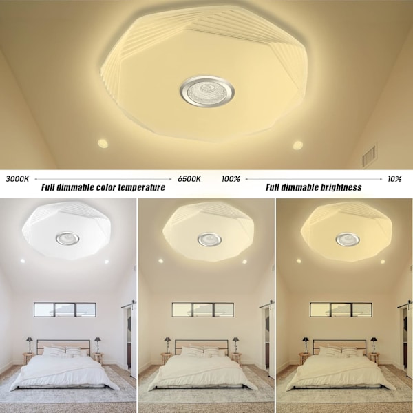 48W Dimbar LED Taklampe med Bluetooth-høyttaler, Ø39cm RGB Bluetooth Taklampe med Fjernkontroll og App-kontroll, LED Musikalsk Taklampe for