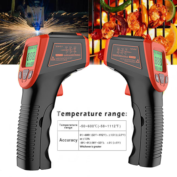 Infrapunalämpömittari, kosketukseton digitaalinen laserlämpötilapistooli -58 °F - 1112 °F (-50 °C - 600 °C) LCD-näytöllä, punainen