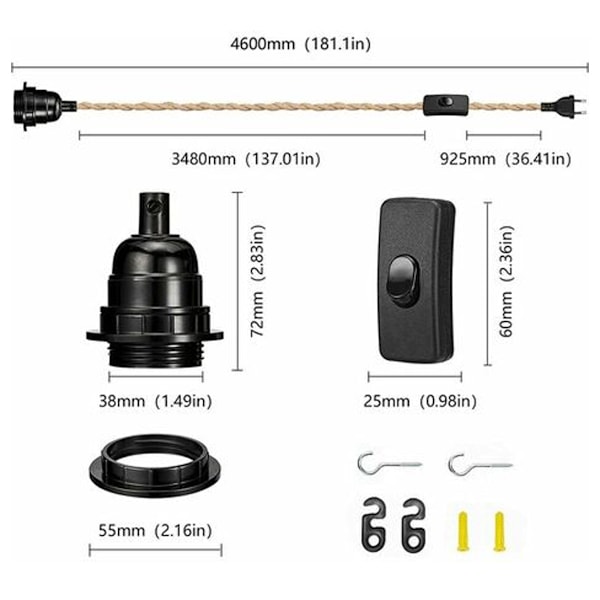 Rephänge i rep, retro E27-uttag med 4,5 meter elektrisk kabel och strömbrytare, för rep-hänglampa (glödlampa ingår ej),