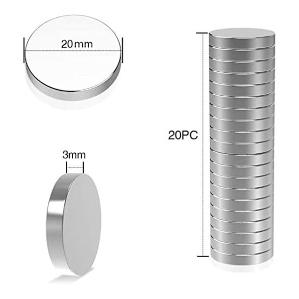 Neodymmagneter, 20 stycken ultralätt för kylskåp 20 x 3 mm små runda magneter för kylskåp