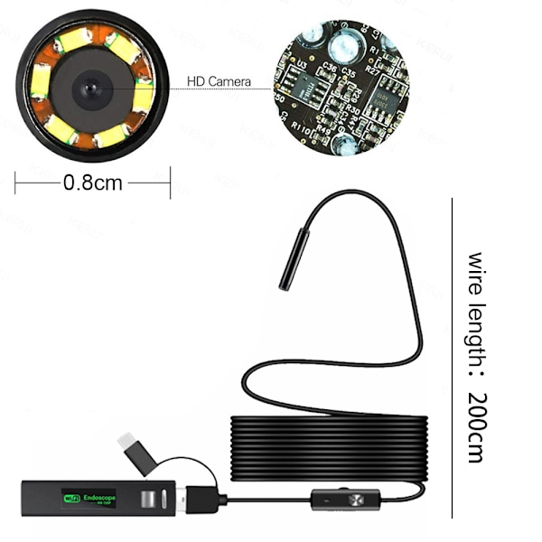 Trådløst endoskop WiFi inspeksjonskamera boreskop vanntett IP68 semi-rigid kabel for iOS Android iPhone Windows Mac