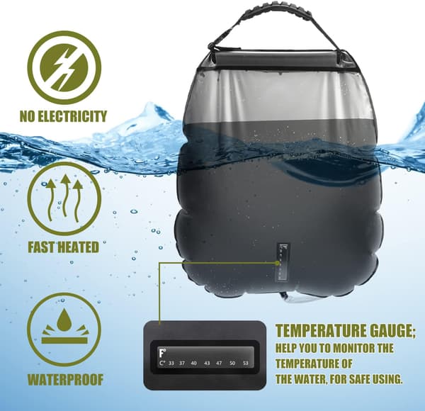 Camping Solbruserpose, 20L Bærbar Solbruserpose Rejse Camping Bruser Varmt Vand Bruser Med Brusehoved Og On/Off Kontakt Til