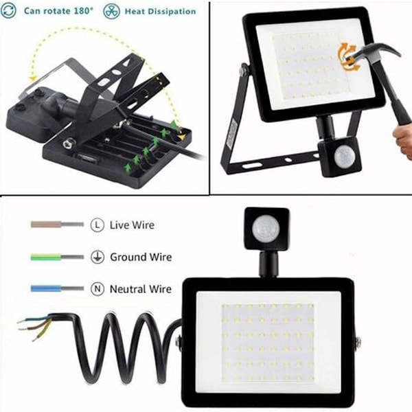 Utomhus LED-strålkastare, 50W rörelsesensor, 6500K utomhus LED-strålkastare, IP66 säkerhetslampa, för trädgård, byggarbetsplats, uteplats, garage, gräsmatta, fest