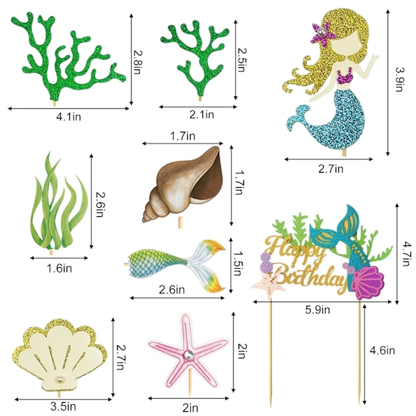 Sjöjungfru Grattis på födelsedagen Tårtdekoration Topper Set, 15PCS Glitter Topper Sjöjungfru Tårtdekorationer för Flickor Födelsedagsfest Tillbehör