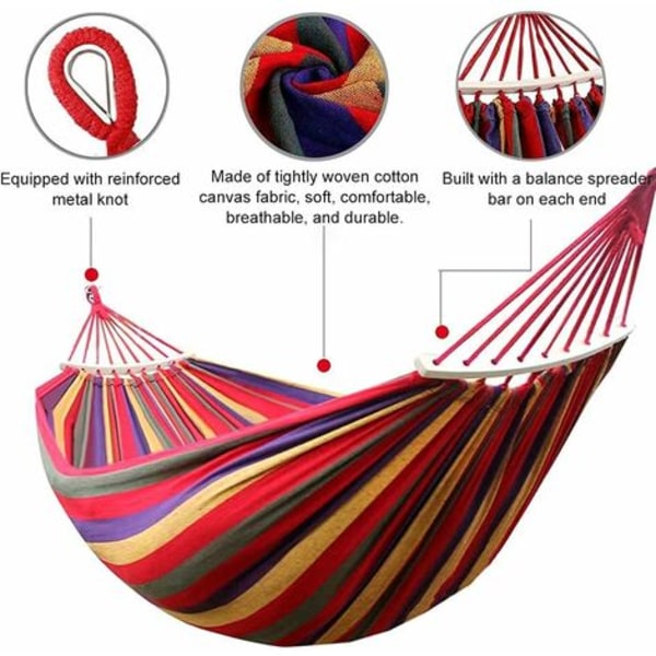 Utomhus Dubbel Bomulls Hängmatta 200 x 150 cm Stor med Spridarstång Robust Metallknut, Belastning 300 kg för Camping Trädgård Uteplats med Bärväska Remmar och