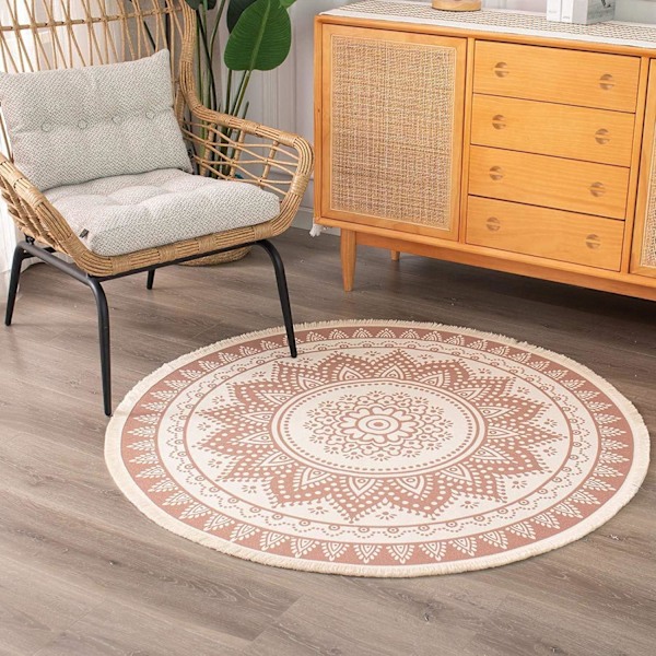 Boheemi pyöreä puuvillamatto ulkokäyttöön 120 cm, hapsut makuuhuoneeseen, puutarhaan, patiolle, konepestävä