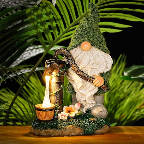 Flocked Havegnome Dekorationer, 29cm Stor Sjov GNOME Udendørs Have Statue med Brønd Solcellelamper, Vandtæt Resin Dværg Figurer til Have