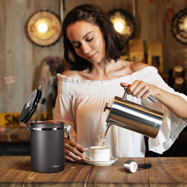 Kaffedåse, lufttæt køkkenopbevaringsbeholder i rustfrit stål med datomarkør og måleske til malet kaffe, bønner, mel, korn, sukker,