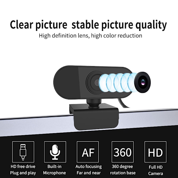 1080P Computerkamera med Mikrofon Desktop USB Webcam Gratis Driver til Videoopkald (Sort)