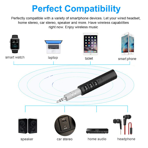 Bluetooth Adapter Mottaker Bærbar Håndsfree Bluetooth 4.2 Audio Mottaker Bilsett & Mini 3.5mm AUX Trådløs Audio Adapter for Hodetelefoner Bil