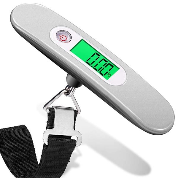 Digitala bagagevågar, bärbara hängande vågar, LCD-display med bakgrundsbelyst tareringsfunktion, praktiska för resor/familjeliv, upp till 50 kg, silver