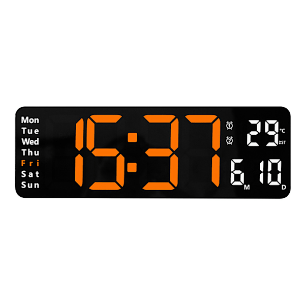 Stor digital väggklocka med tid, datum och temperaturvecka