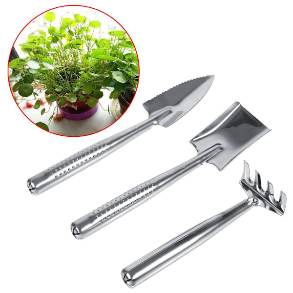 Rustfritt stål 3 stk Sett Mini Hagearbeid Plantepotteverktøy Liten Håndholdt Spade Rake for Sukkulenter Kaktus Urter Innendørs Miniatyrplanter