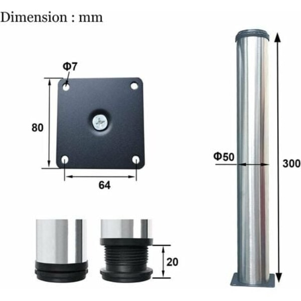 4 Säädettävää Jalkaa 300mm Korkeus Paksunnetut Kaapinjalat Pöydänjalat Huonekalujalat, Harjattu Ruostumaton Teräs, Säädettävä Korkeus 0-15mm Mukana Ruostumattomasta Teräksestä