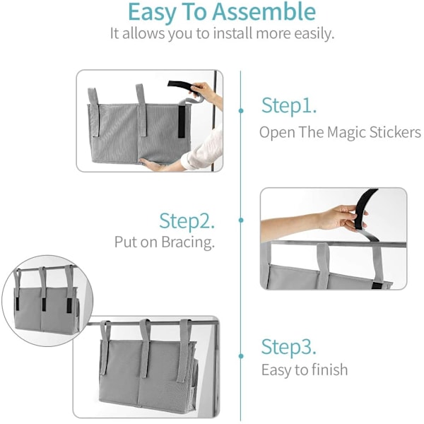 Nattbord Caddy Nattbord Organizer Nattbord Oppbevaringsveske med Faste Stropper og Vannflaskeholder for Hjemmet, Studenterhybel, Køyeseng, Sykehusseng, Barneseng