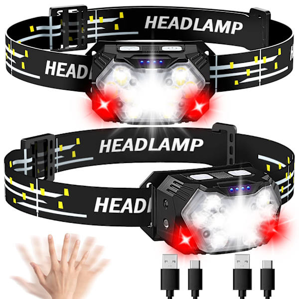 2 USB-laddningsbara LED-pannlampor, 2000 lumen, rörelsesensor, 6 lägen, vattentät (IPX5), camping, jogging, fiske