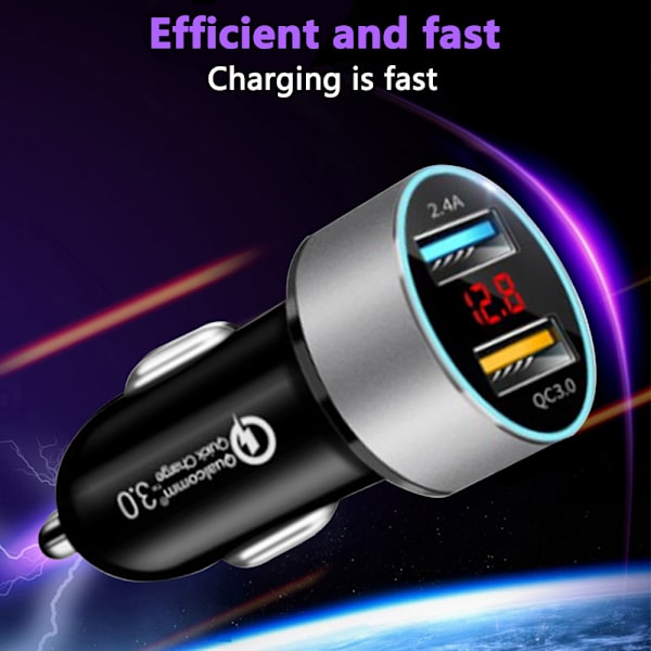 Biloplader Quick Charge 3.0 - Dobbelt USB 5.4A/30W Hurtig Biloplader Adapter - QC 3.0 3A + Smart IC 2.4A Sølv