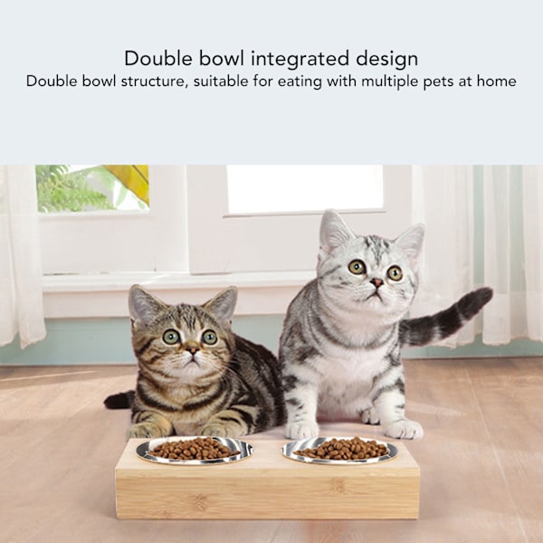 Rostfritt stål katt dubbelskål bekväm rostfri elegant lätt att rengöra upphöjd hund katt matare med bambu stativ bambu stativ och rostfritt stål
