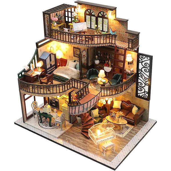 Dockhus Miniatyr med Möbler, Idé DIY Trädockhus Kit LED