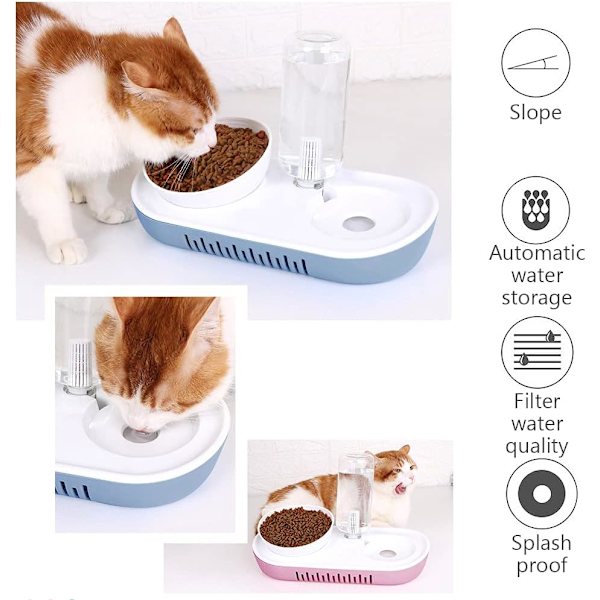 2 i 1 - Vand- og madskål - Automatisk vanddispenser med madskål - Madskål til katte med holder