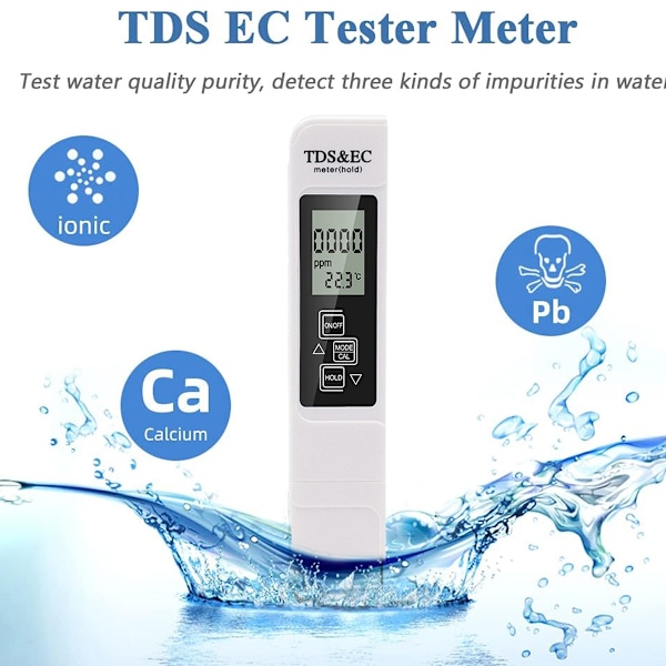 3-i-1 vandkvalitetstester, vandtemperatur- og renhedstester med digitalt LCD-display, PPM