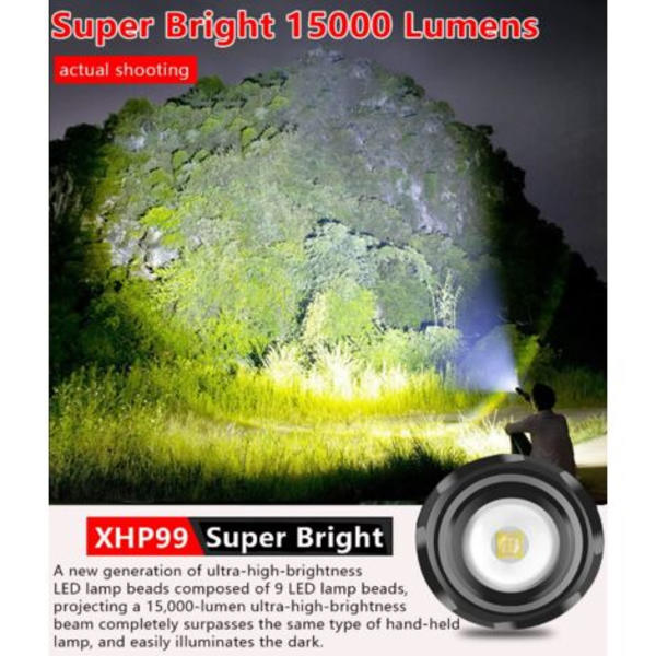 Super Bright LED Lommelygter 15000 Lumen, Høj Effekt USB Genopladelig Lommelygte, Taktisk Lommelygte med XHP99 5 Tilstande, til Camping Vandreture Nødsituation (med