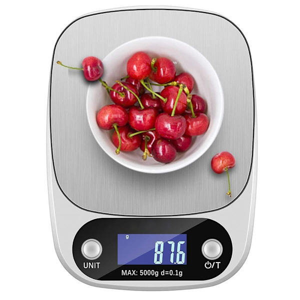 Digital køkkenvægt til husholdningsbrug, multifunktionel madvægt, 5 kg, rustfrit stål (batterier inkluderet)