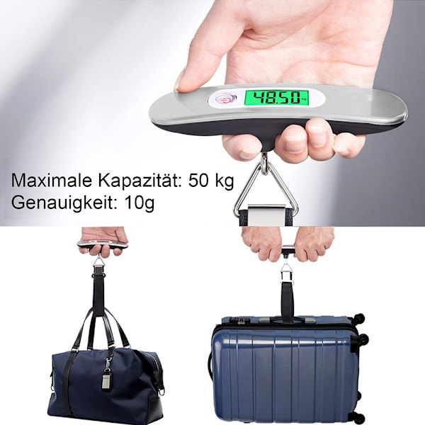 Digitala bagagevågar, bärbara hängande vågar, LCD-display med bakgrundsbelyst tareringsfunktion, praktiska för resor/familjeliv, upp till 50 kg, silver