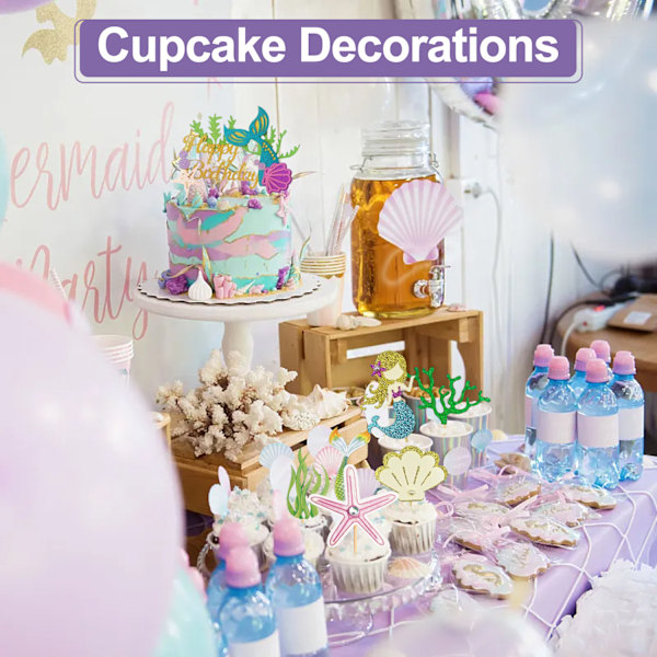 Sjöjungfru Grattis på födelsedagen Tårtdekoration Topper Set, 15PCS Glitter Topper Sjöjungfru Tårtdekorationer för Flickor Födelsedagsfest Tillbehör