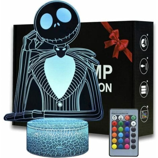 Halloween Town Pumpa Kung Jack Skellington Nattlampa 3D Illusion Nattlampa, Anime Skrivbordslampa med Fjärrkontroll för Barnrum, Kreativ