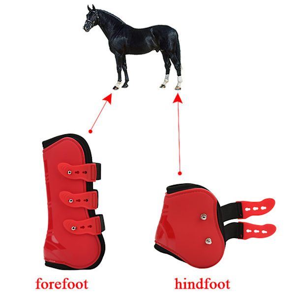 4 stk. Hest Benbeskyttere PU Neopren Forreste Bag Hestesene Springstøvler til Rideudstyr Et Sæt Røde Forreste og Bageste M
