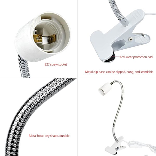 LED Bordlampe Base, E27 Klemme Pære Sokkel med Bryter, Bordlampe Klips Base med 40cm 360 Graders Svanehals for Tatovering/Lesing/Sminke (EU Plugg)