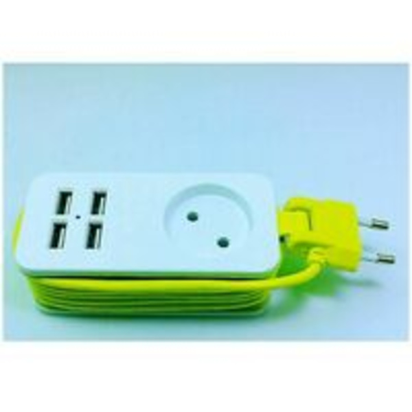 USB-virtalähde, joka on eurooppalaisten standardien mukainen, 1 pistorasia ja 4 USB-porttia, jatkojohto kytkimellä, 1,8 m valkoinen kaapeli
